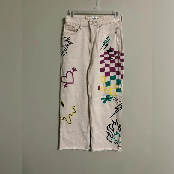 Princess Polly Denim - Princess Polly Painted Checkered Graffiti Jeans Size 6 Raw Hem Denim Beige Wide